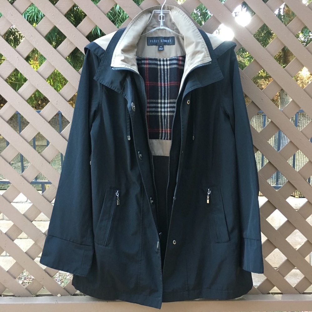 Black & Tan Parka/Rain Jacket with Plaid Print